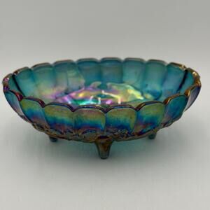 Vintage Indiana Carnival Glass Oval Footed Embossed Harvest Design Scalloped Rim